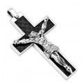 316L Stainless Steel Pendant. Black Carbon Fiber Cross w/Jesus / 24" stainless steel ball chain