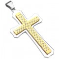 X-Large Stainless Steel Gold IP Checkered 2 Tone Cross Pendant with chain