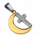 316L Stainless Steel Gold IP Crescent Moon with Multi CZ Cross Pendant Comes with a stainless ball Chain  (2.4mm)